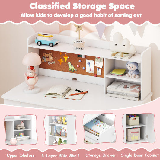 Kids Desk and Chair Set with Hutch and 3-Layer Side Shelf-White
