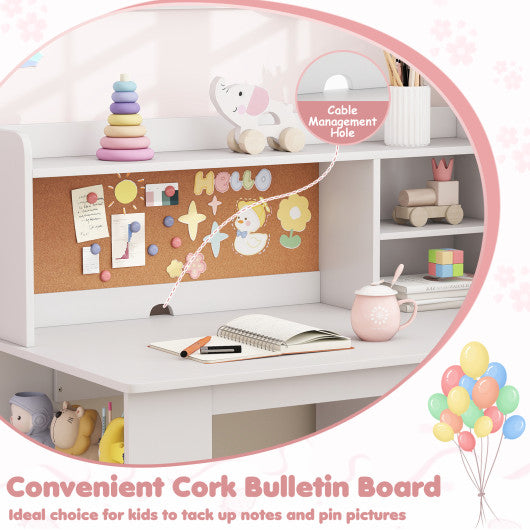 Kids Desk and Chair Set with Hutch and 3-Layer Side Shelf-White