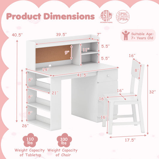 Kids Desk and Chair Set with Hutch and 3-Layer Side Shelf-White