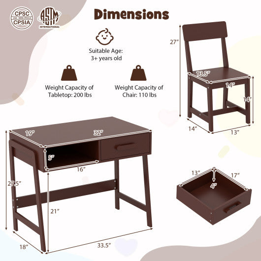 Kids Desk and Chair Set with Storage Drawer and Hutch-Brown