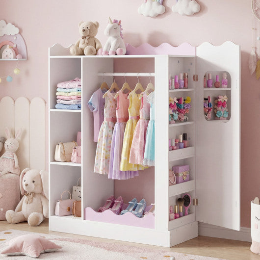 Kids Dress Up Storage with Mirrors and Hanging Rack and Shelves for Bedroom-Pink
