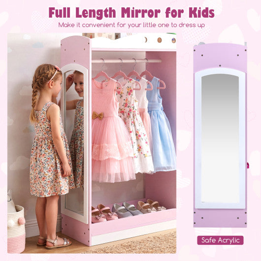 Kids Dress Up Storage with Full Length Mirror and Open Shelves-Pink