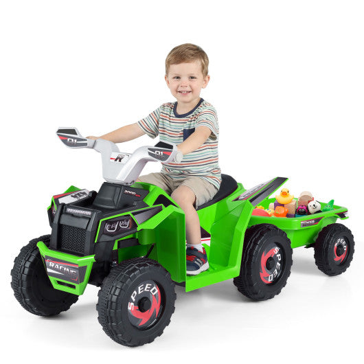 6V Kids Electric ATV Quad Car with Detachable Trailer-Green