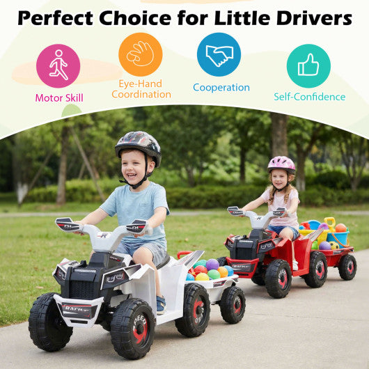 6V Kids Electric ATV Quad Car with Detachable Trailer-White