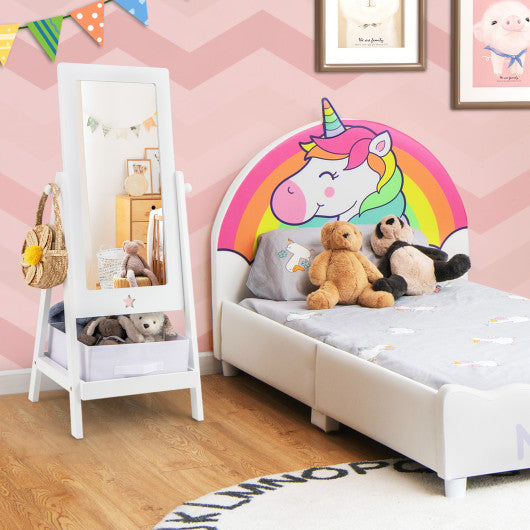 Kids Full Length Mirror 360 Degree Rotatable Dressing Mirror with Storage Bin-White