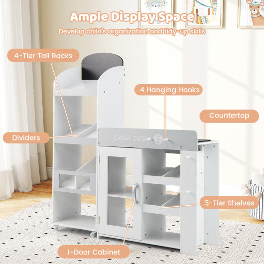 Kids Grocery Store Playset Convertible Wooden Play Store with Shopping Cart-White