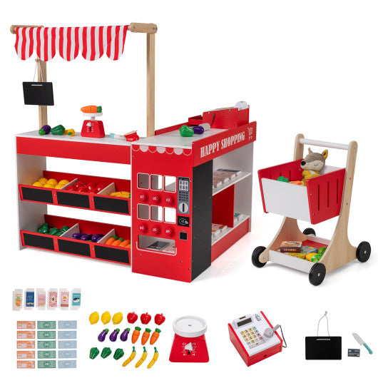 Kids Grocery Store Playset Wooden Pretend Play Supermarket with Shopping Cart-Red