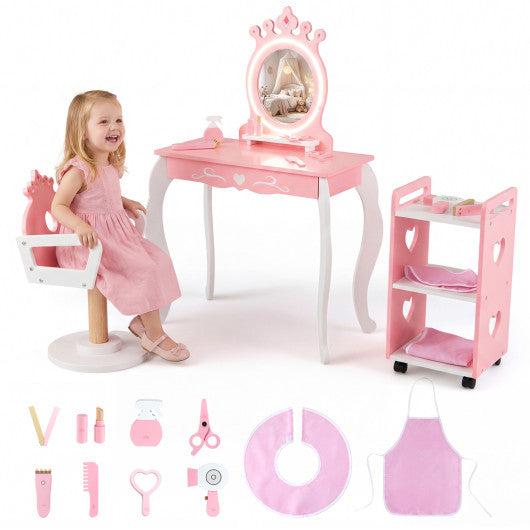Kids Hair Salon Play Set with LED Lighted Mirror Wooden Pretend Hair Salon Station with Swivel Barber Chair-Pink