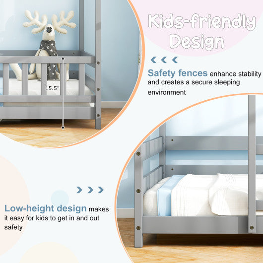Twin Size Kids House Bed Wooden Floor Bed with Roof and Full-length Safety Guardrail-Gray