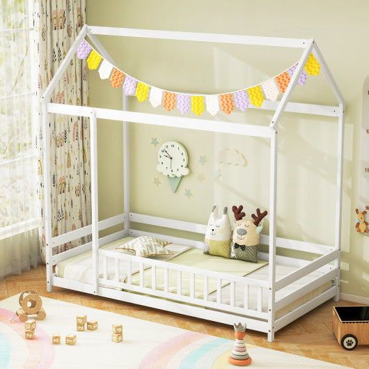 Twin Size Kids House Bed Wooden Floor Bed with Roof and Full-length Safety Guardrail-White