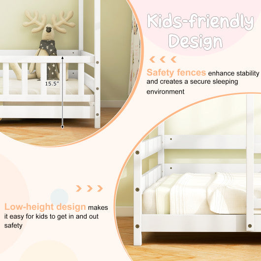 Twin Size Kids House Bed Wooden Floor Bed with Roof and Full-length Safety Guardrail-White