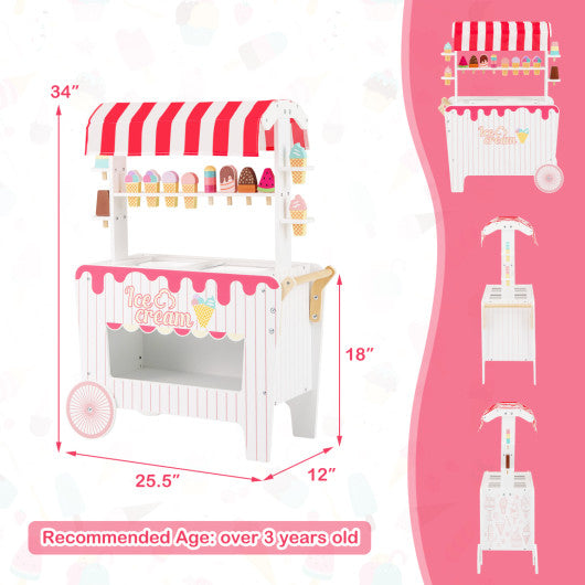 Kids Ice Cream Cart Playset with Display Rack and Accessories-Red