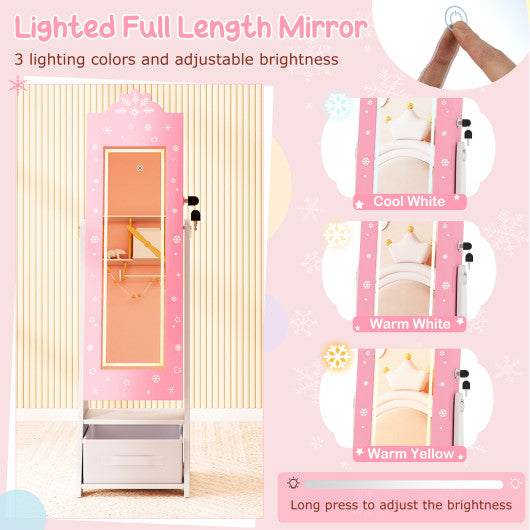 Kids Jewelry Armoire Freestanding Jewelry Cabinet with 3-Color Lighted Full Length Mirror-Pink