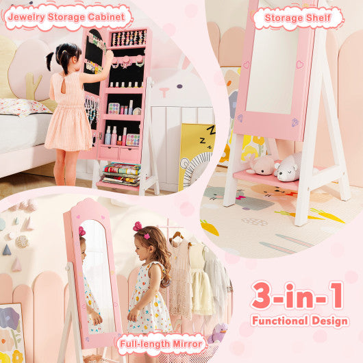Kids Jewelry Organizer with Full Length Mirror Drawers and Storage Shelves-Pink