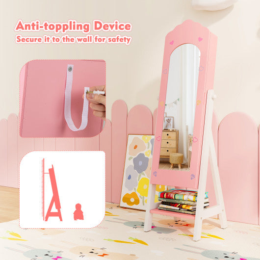 Kids Jewelry Organizer with Full Length Mirror Drawers and Storage Shelves-Pink