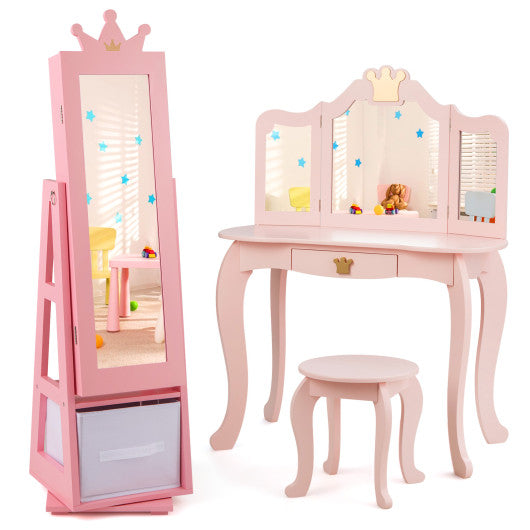 Kids Jewelry Armoire Cabinet with Large Storage Capacity and Swivel Base-Pink