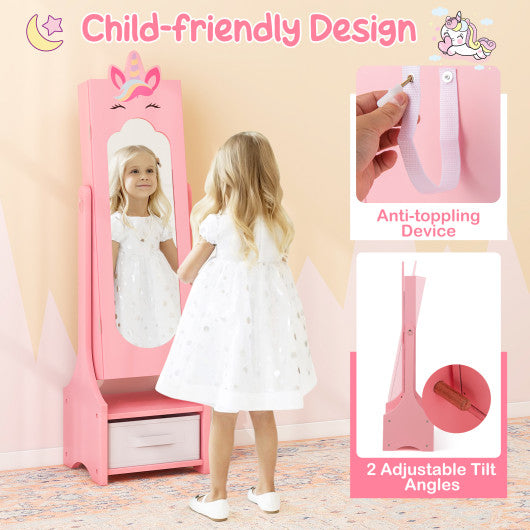 Kids Jewelry Cabinet with Full-Length Mirror for Kids Bedroom and Playroom-Pink