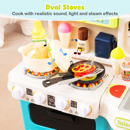 Kids Kitchen Playset Pretend Play Kitchen with Realistic Sounds and Lights-Blue