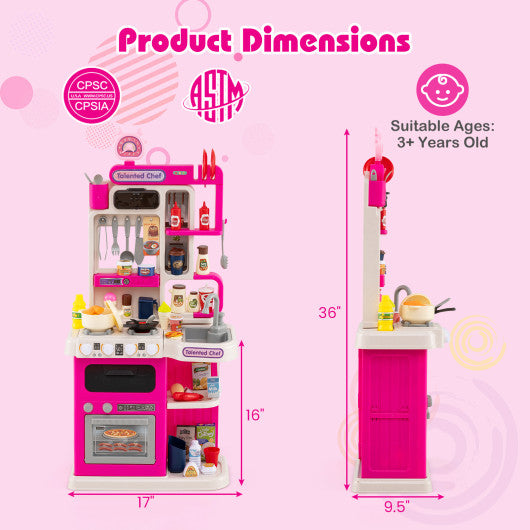 Kids Kitchen Playset Pretend Play Kitchen with Realistic Sounds and Lights-Pink