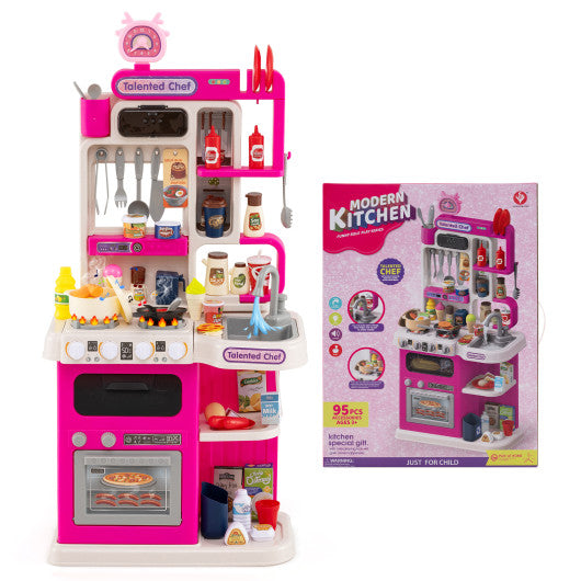 Kids Kitchen Playset Pretend Play Kitchen with Realistic Sounds and Lights-Pink