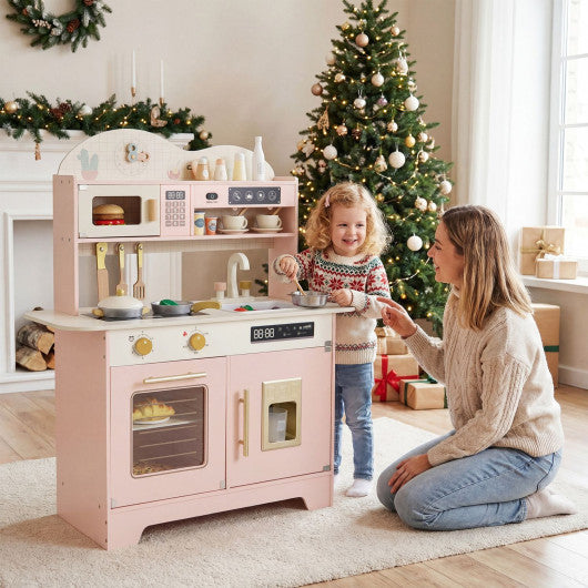 Kids Kitchen Playset with 17 Pcs Accessories and Oven Ice Maker and Stove-Pink