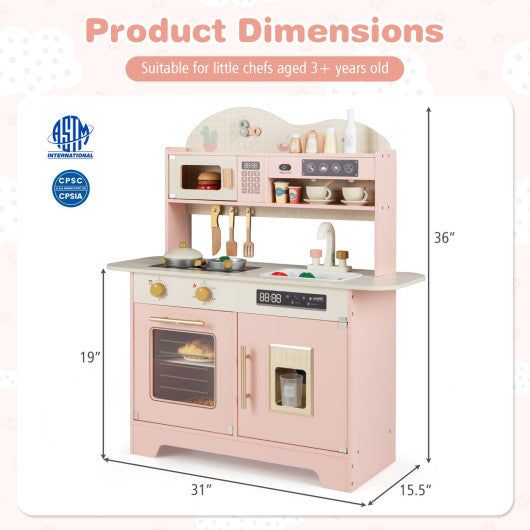 Kids Kitchen Playset with 17 Pcs Accessories and Oven Ice Maker and Stove-Pink