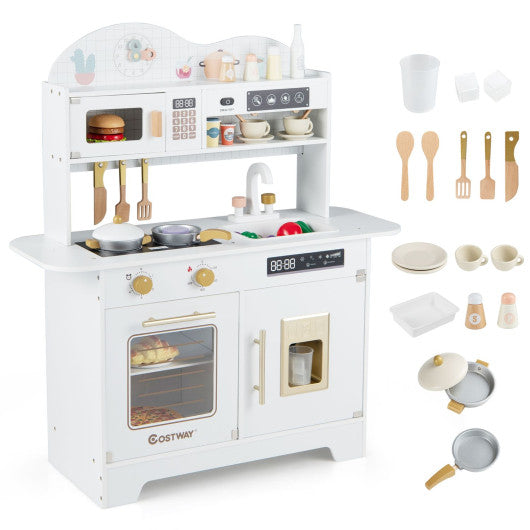 Kids Kitchen Playset with 17 Pcs Accessories and Oven Ice Maker and Stove-White