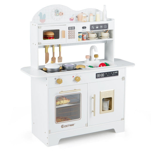 Kids Kitchen Playset with 17 Pcs Accessories and Oven Ice Maker and Stove-White