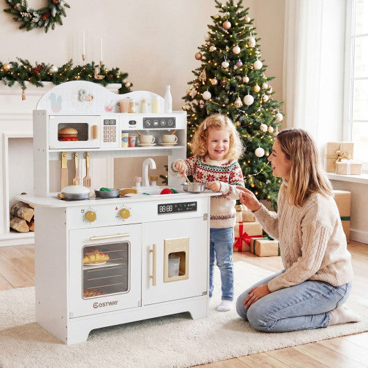 Kids Kitchen Playset with 17 Pcs Accessories and Oven Ice Maker and Stove-White