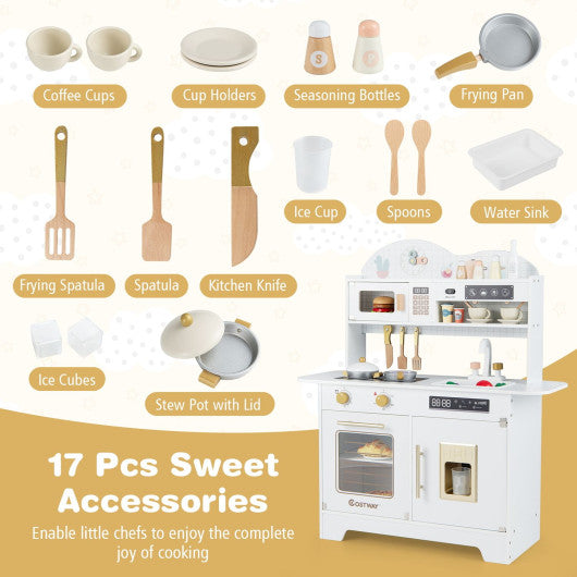 Kids Kitchen Playset with 17 Pcs Accessories and Oven Ice Maker and Stove-White