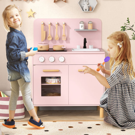 Kids Kitchen Playset with Cooking Accessories and Storage-Pink