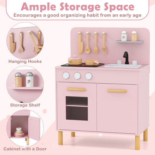 Kids Kitchen Playset with Cooking Accessories and Storage-Pink