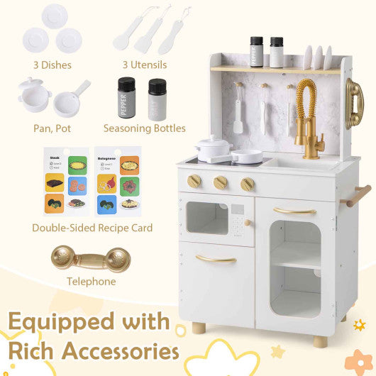 Kids Kitchen Set Pretend Play Kitchen with Stoves Faucet Sink Telephone Microwave and Oven-White