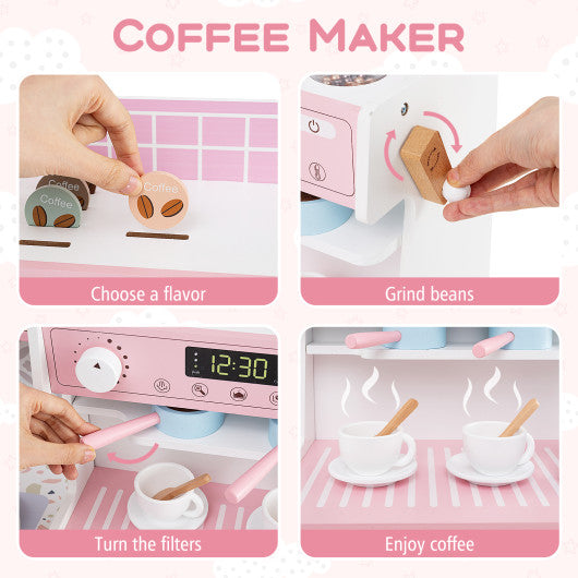 Kids Kitchen Set Wooden with Coffee Makers and Accessories-Pink