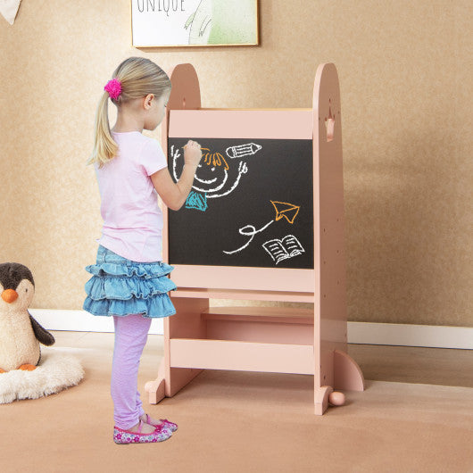 Kids Kitchen Tower Adjustable with Chalkboard and Safety Rail-Pink