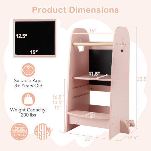 Kids Kitchen Tower Adjustable with Chalkboard and Safety Rail-Pink