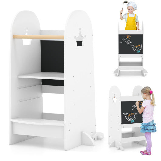 Kids Kitchen Tower Adjustable with Chalkboard and Safety Rail-White