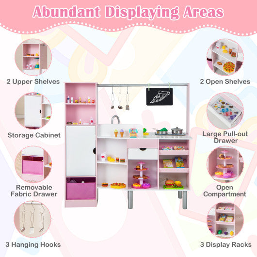 2-in-1 Double-sided Kids Kitchen and Market with Realistic Light and Sound-Pink