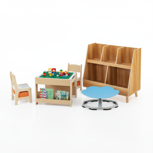 Kids Learning & Play Essentials Bundle ¡ª Bookshelf + 4-in-1 Activity Table Set + 360¡ã Swivel Chair