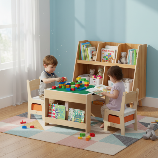 Kids Learning & Play Essentials Bundle ¡ª Bookshelf + 4-in-1 Activity Table Set + 360¡ã Swivel Chair