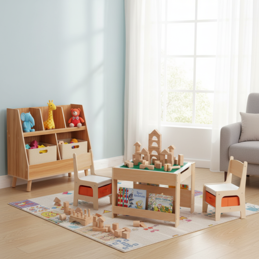Kids Learning & Play Essentials Bundle ¡ª Bookshelf + 4-in-1 Activity Table Set + 360¡ã Swivel Chair
