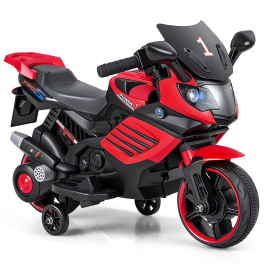 6V Kids Motorcycle with Headlights Music and Detachable Training Wheels-Red