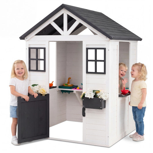 Kids Outdoor Playhouse with Sink Spruce Wooden Cottage with Half Door-White