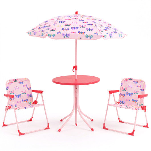 Kids Outdoor Table and Chair Set with 2 Folding Chairs and Height Adjustable Umbrella-Pink and White