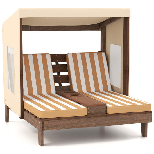 Kids Patio Lounge Chair with Cup Holders and Awning-Brown