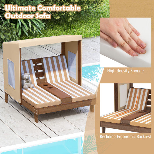 Kids Patio Lounge Chair with Cup Holders and Awning-Brown
