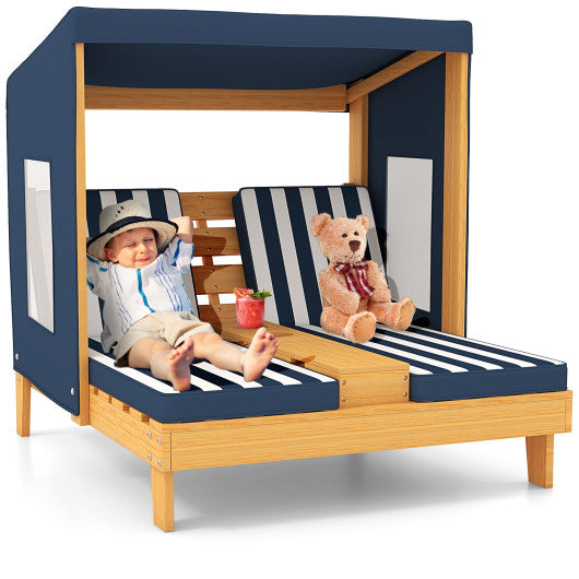 Kids Patio Lounge Chair with Cup Holders and Awning-Navy