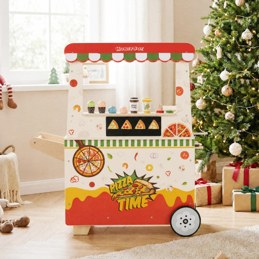 Kids Pizza Food Truck Wooden Pretend Play Snack Cart with Oven-Red