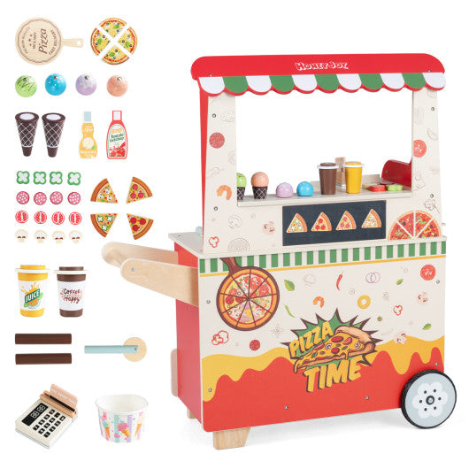 Kids Pizza Food Truck Wooden Pretend Play Snack Cart with Oven-Red
