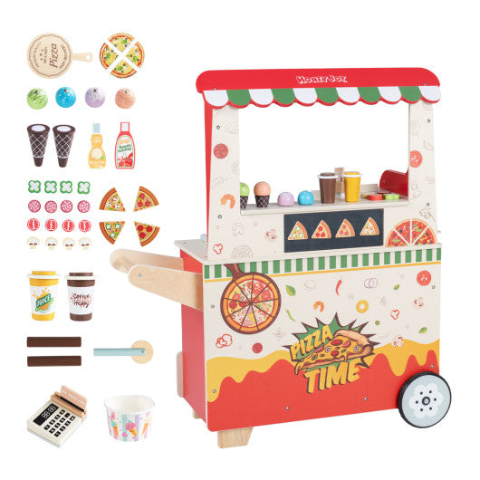 Kids Pizza Food Truck Wooden Pretend Play Snack Cart with Oven-Red